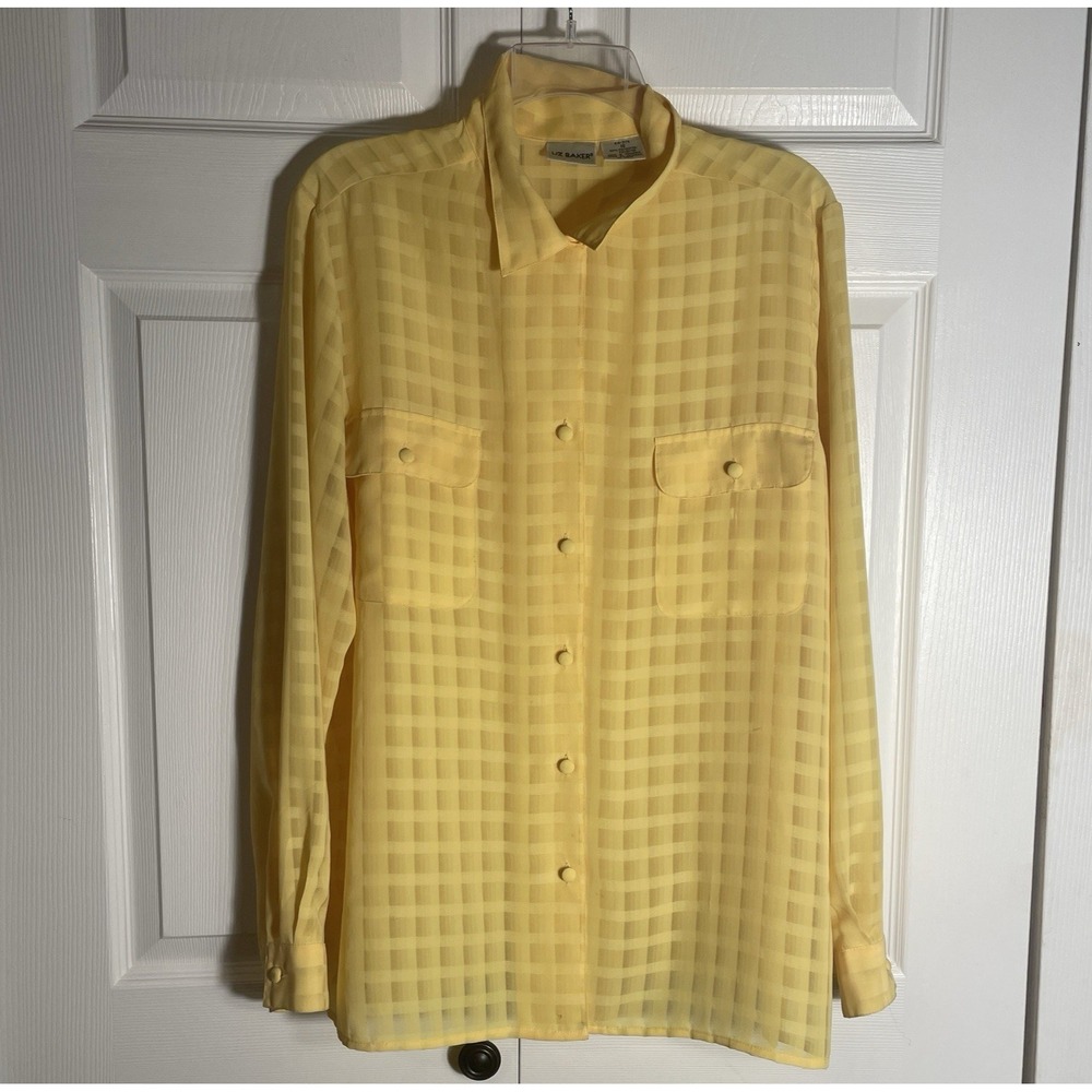 Vintage Liz Baker‎ Y2K Shirt Women 16 Yellow Sheer Blouse Button Up Pockets Top